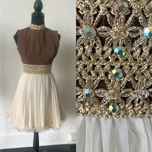 Vintage 1960’s Rhinestone Pleated Brown and Cream Mini Dress - Picture 1 of 10